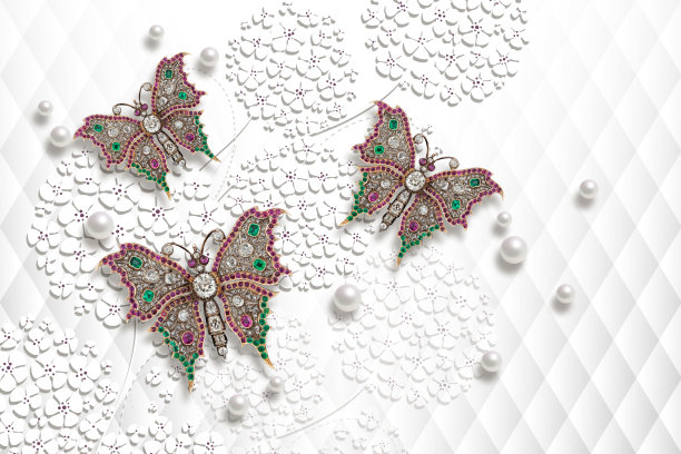 3d壁纸，栽培花卉，珠宝蝴蝶，珍珠，白色抽象背景。图片下载