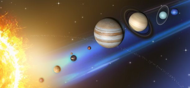 太阳系的行星，太阳，水星，金星，地球，月球，火星，木星，土星，天王星，海王星，大小不是按比例计算的。素材图片