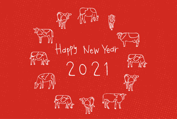 2021年日本新年卡片。主题是一只黄牛。“新年快乐”是用英语写的。素材图片