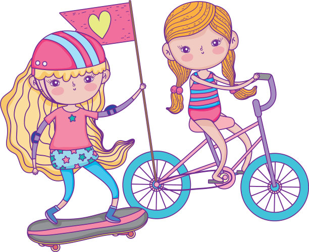 儿童节快乐，骑自行车的可爱女孩们图片下载