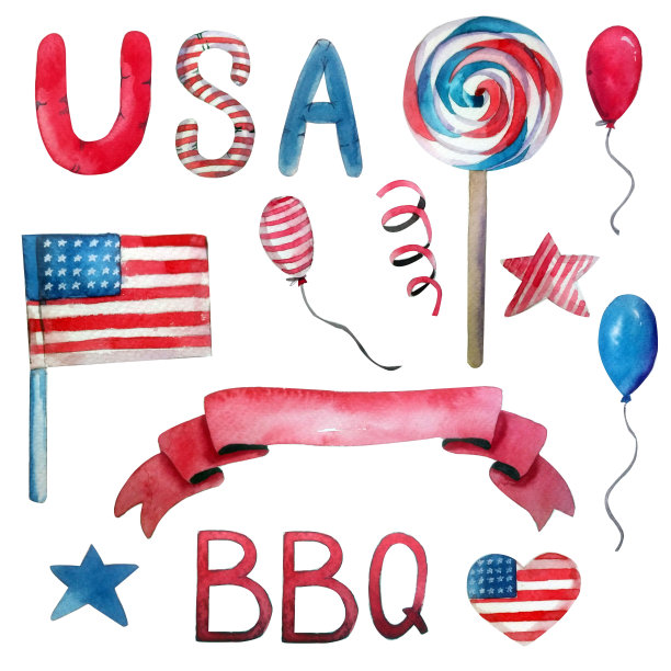 7月4日庆祝活动的大型水彩元素集。美丽的手绘插图孤立在白色的背景图片下载