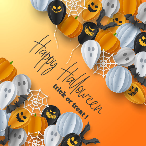 万圣节快乐横幅背景与云朵和南瓜剪纸风格。11、天上圆月，蜘蛛网，骷髅，鬼魂，蝙蝠飞。矢量图图片下载