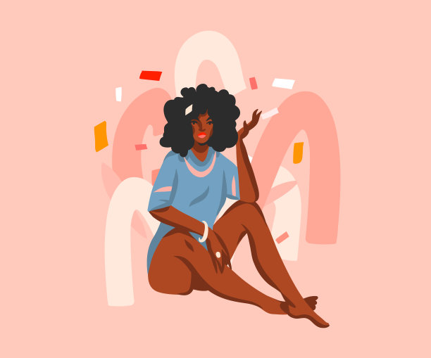 手绘矢量抽象股票图形插图与年轻快乐的黑色美国黑人美女在家装坐在孤立的彩色拼贴形状的背景图片下载