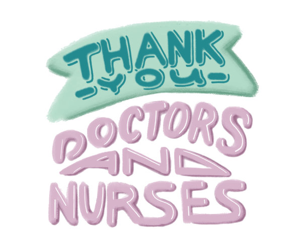 数字彩色手绘字母-谢谢你的医生和护士。手写短语打印，问候海报，横幅，感谢卡。白色的孤立的背景。铅笔绘画效果。图片下载