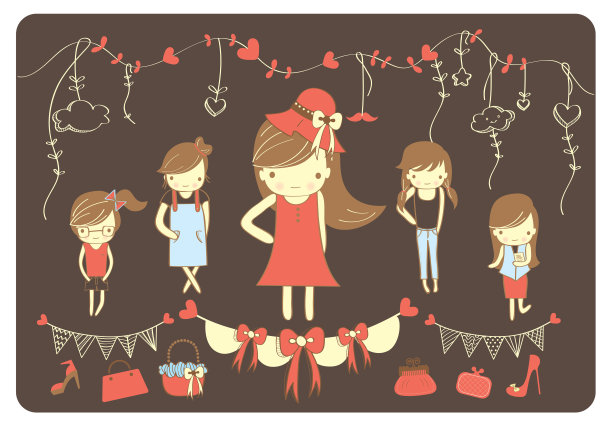 不同可爱的卡通女性女孩角色矢量绘图图片下载