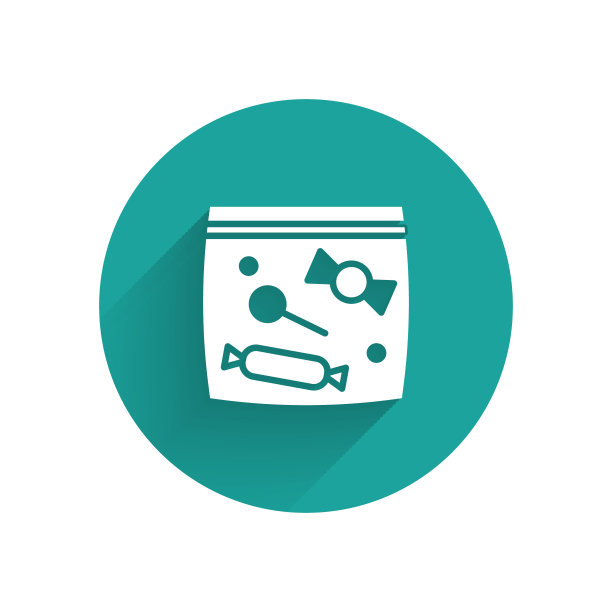 白色糖果包装的糖果图标孤立与长影子。袋糖果。绿色圆圈按钮。向量图片下载