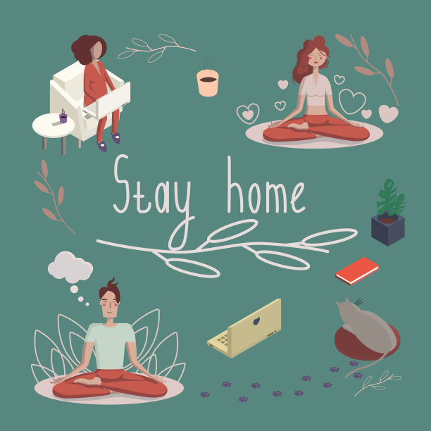 一套插图的主题留在家里。矢量插图显示:一名男子以莲花姿势冥想，一个穿着睡衣短发的女孩坐在椅子上远程工作，一只猫在上面睡觉图片下载