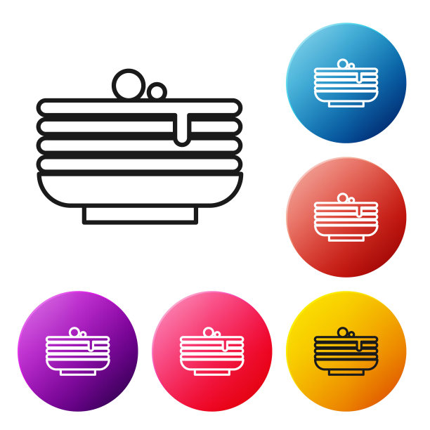 黑线煎饼图标孤立在白色背景上的堆栈。用糖浆和樱桃烘焙。早餐的概念。设置彩色圆形按钮图标。向量图片下载