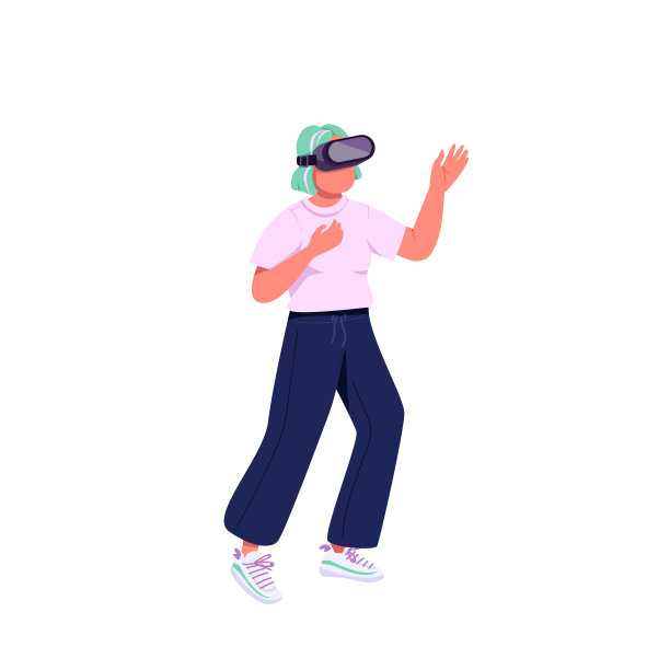 年轻女子在VR头盔平面颜色向量无脸角色图片下载