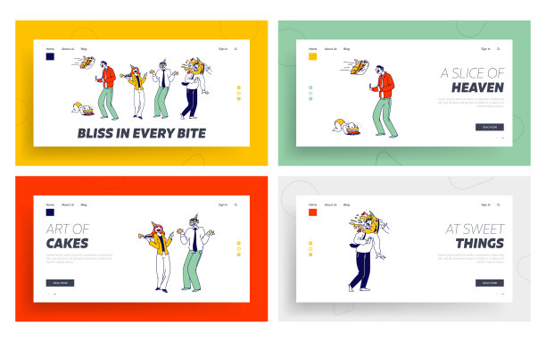 人物庆祝事件登陆页面模板集。商人脸上有蛋糕。孩子们的第一个生日聚会。宝宝吃蛋糕的时候手抹脸，惊喜。线性人物矢量图图片下载