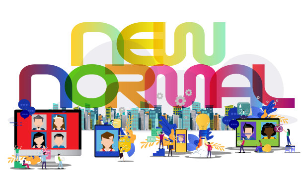 集团男人和女士联系技术。视频会议。在线会议。社交距离，地标建筑和文本新常态。插图COVID-19情况。图片下载