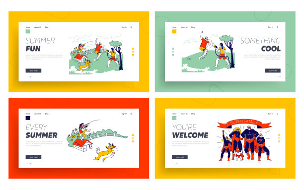 幸福的家庭溅水和玩水着陆页面模板集。超级英雄人物，人们在后院的乐趣与玩具水枪射击，喷水与软管。线性向量插图图片下载