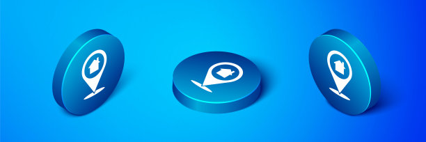 等距地图指针与房子图标隔离在蓝色背景。起始位置标记符号。蓝色圆按钮。矢量图图片下载