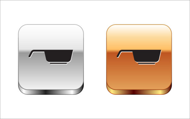 黑色煎锅图标孤立在白色背景。油炸或烘焙食品的象征。金银平方按钮。向量图片下载