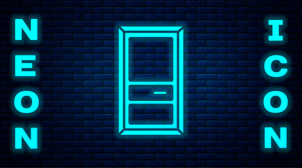 霓虹灯关闭的门图标隔离在砖墙的背景上。矢量图图片下载