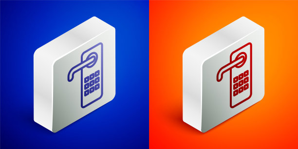 等距线数字门锁与无线技术解锁图标隔离在蓝色和橙色背景。门把手的迹象。安全智能家居。银广场按钮。矢量图图片下载