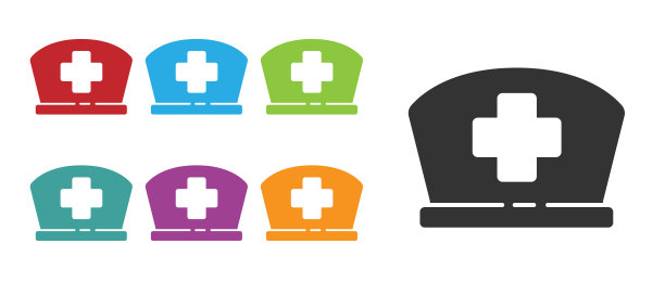黑色护士帽与十字图标孤立的白色背景。护士帽标志。设置图标丰富多彩。矢量图图片下载