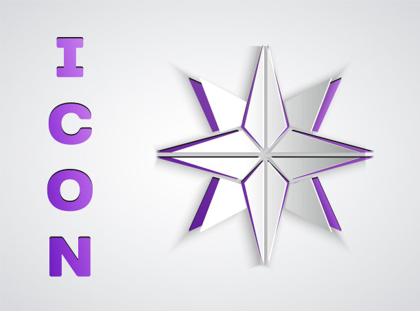 剪纸风玫瑰图标孤立在灰色背景。指南针图标的旅行。导航设计。纸艺术风格。矢量图图片下载