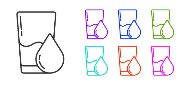 黑色线条玻璃与水图标隔离在白色背景。苏打水的玻璃。设置图标丰富多彩。矢量图图片下载