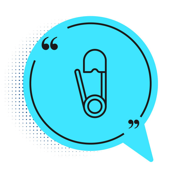 黑色线经典封闭钢安全别针图标隔离在白色背景。蓝色语音气泡符号。矢量图图片下载