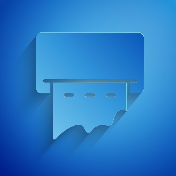 剪纸纸巾机在墙上图标隔离在蓝色背景。公厕设备、卫生保健及清洁双手。纸艺术风格。矢量图图片下载