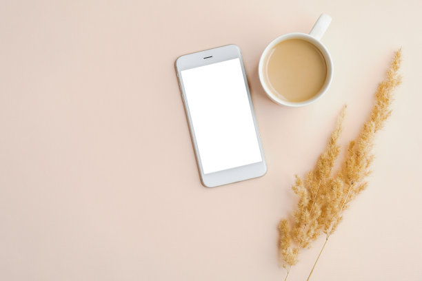 家庭办公桌子与空白屏幕手机模型，咖啡杯，米色背景上的干花。平躺，俯视图。简约风格的女性工作空间。图片下载