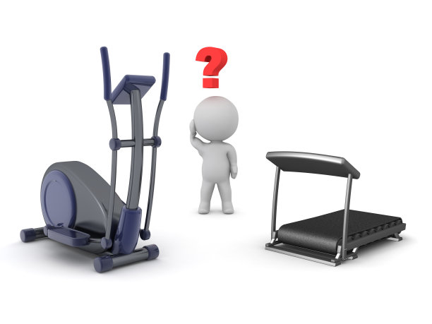 3D角色试图在跑步机和椭圆自行车之间选择图片下载