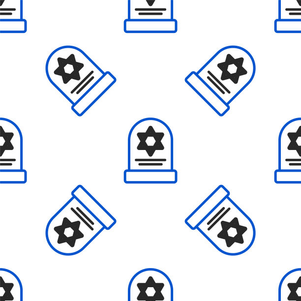 线条墓碑与明星的大卫图标孤立无缝模式上的白色背景。犹太墓碑。墓碑图标。色彩斑斓的轮廓的概念。向量图片下载