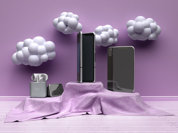 智能手机和配件在织物上走秀3d渲染在简单的颜色房间图片下载