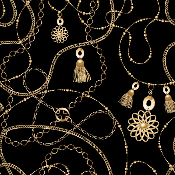 金链无缝黑色背景。时尚插画。无缝图案抽象设计。向量图片下载