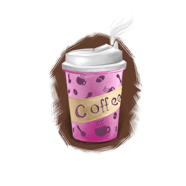 热咖啡饮料在纸杯与盖子隔离在白色背景。能量饮料，街头小吃，外卖，外卖。快餐手绘数字插画。图形剪辑艺术设计的网页，打印图片下载