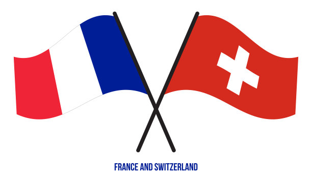 法国和瑞士旗帜交叉和挥舞扁平风格。官方的比例。正确的颜色。图片下载