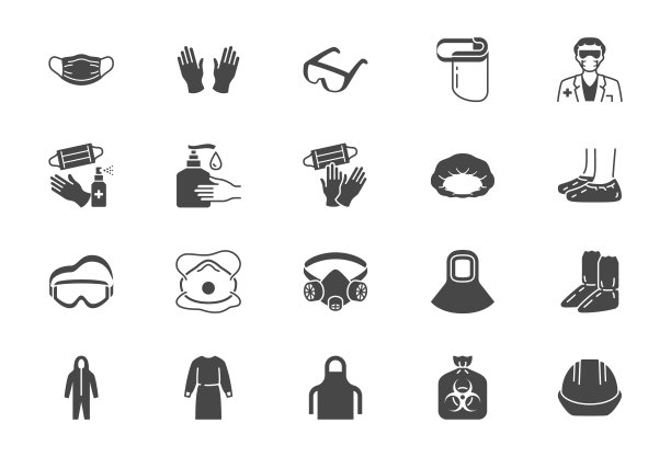 医疗防护用品平面图标。矢量插图包括的图标为口罩，手套，医生服，发罩，生物危害废物，呼吸器N95，盾牌黑色剪影象形防护服图片下载