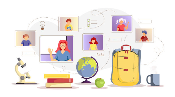 学校用品和在线教育课程。远程学习、交流、教学、学习、学校理念。图片下载