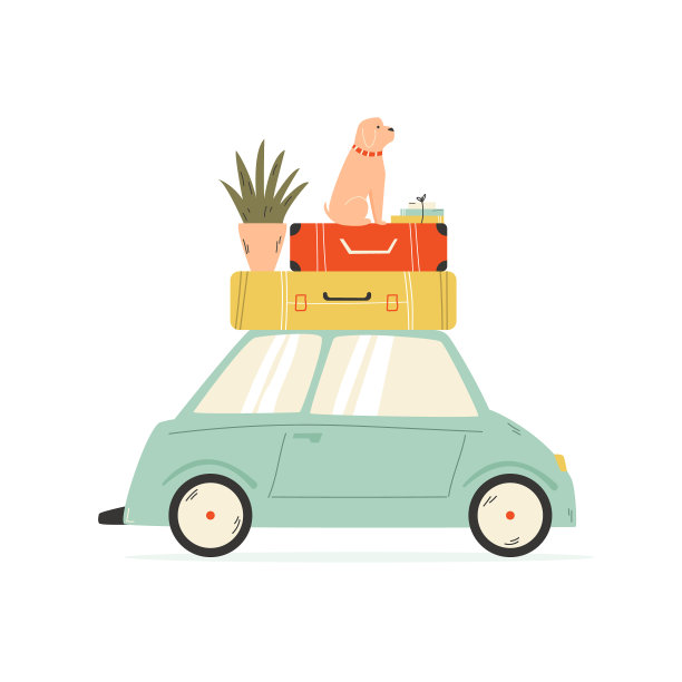 货车载着行李箱，花盆和狗。搬迁、移动的概念。图片下载