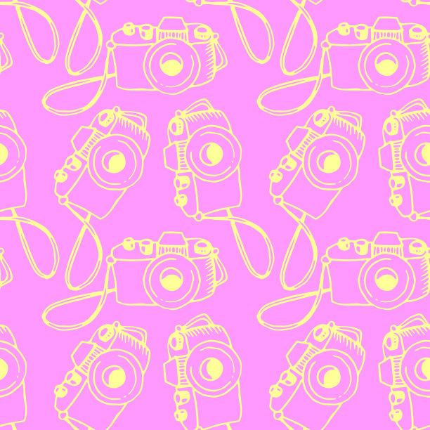 无缝轮廓图案与照片相机。矢量插图印刷，包装纸，网站，博客和设计。背景和纹理的主题摄影和新闻图片下载