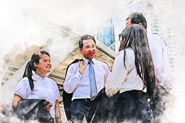 抽象年轻的商业合作伙伴和讨论为工作的水彩插画绘画背景。图片下载