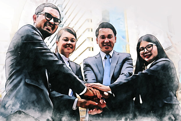 抽象幸福年轻的商业伙伴和放松的工作，以水彩插画绘画为背景。图片下载