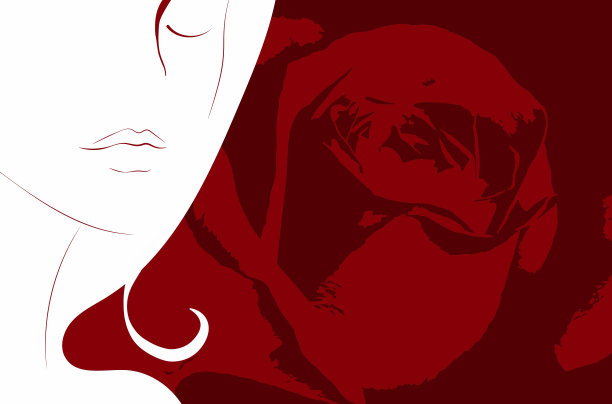 在盛开的红玫瑰上女人的轮廓。女性化的概念。故事和书籍封面的插图。图片下载