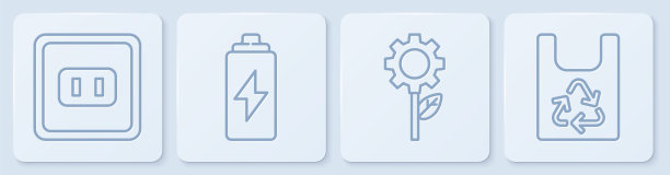 设有线插座，齿轮机叶片植物，电池和回收塑料袋。白色正方形按钮。向量图片下载