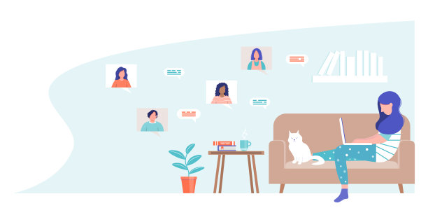 女性角色坐在沙发上网上聊天。图片下载