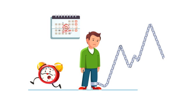 经常性的工作压力高峰，过度工作的压力和挫折的概念。悲伤的办公室职员疲惫地站在那里，被不断的紧急情况和最后期限所束缚。平面向量插图图片下载