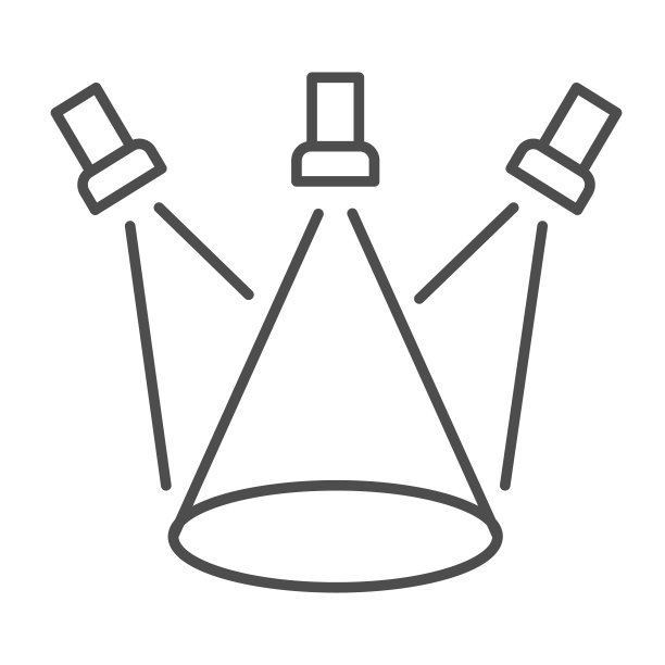 场景与三个投影仪细线图标，音乐节概念，场景照明标志上的白色背景，聚光灯图标轮廓风格的移动概念和网页设计。矢量图形。图片下载