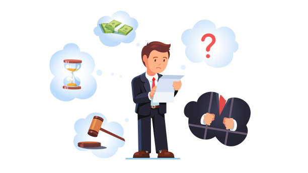 企业家、商人、风险和问题的概念。恐惧地阅读法律文件、法案或传票。因银行债务被起诉，违法，财务破产。平面向量插图图片下载