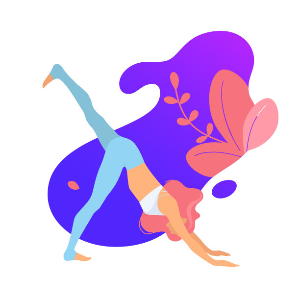 苗条的运动年轻女子做体式瑜伽和健身练习。健康的生活方式。女性卡通人物展示各种瑜伽姿势孤立在梯度背景与植物向量图片下载