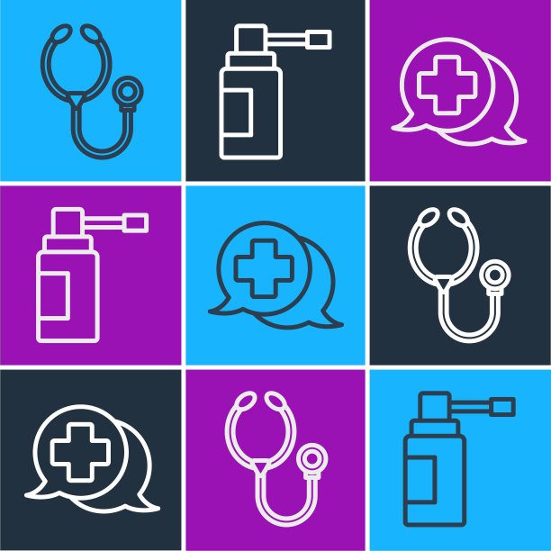 设置直线听诊器、与医生对话、带喷嘴喷雾图标的药瓶。向量图片下载