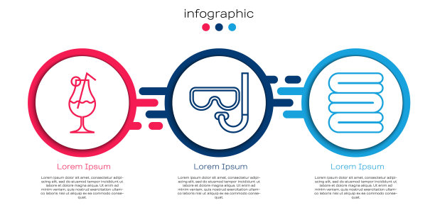 鸡尾酒和酒精饮料，潜水面罩和通气管和毛巾堆叠。业务信息模板。向量图片下载