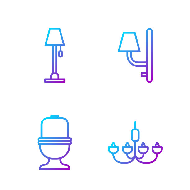 吊灯，抽水马桶，落地灯，壁灯。渐变颜色图标。向量图片下载
