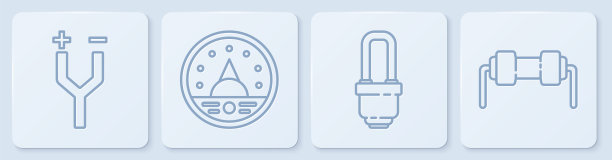 电线、LED灯泡、安培表、万用表、电压表、电阻器。白色正方形按钮。向量图片下载