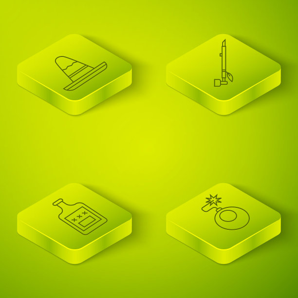 设定等距美国印第安人抽烟斗，威士忌酒瓶，炸弹准备爆炸和墨西哥宽边帽图标。向量图片下载